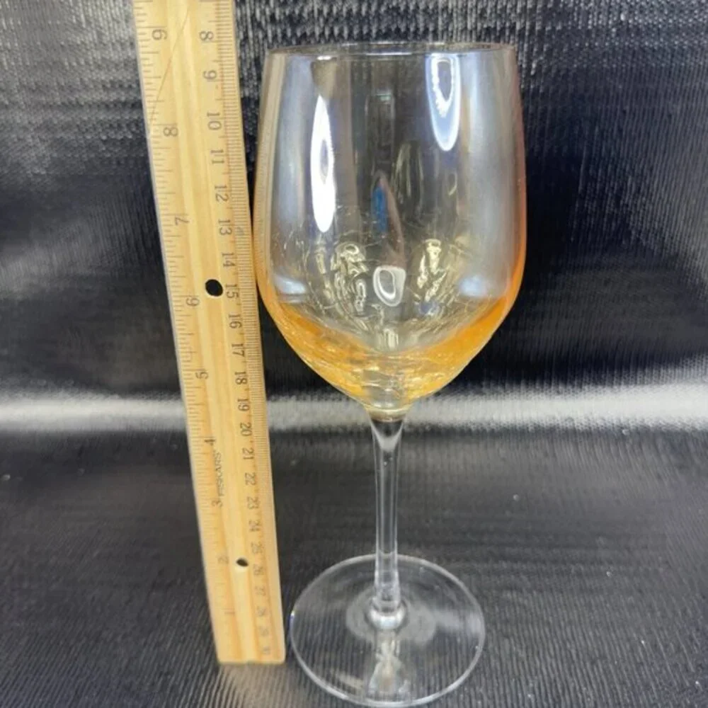 Pier 1 Crackle Glass Goblet Glasses Cups Stemware Gold Yellows Luster Finish VTG